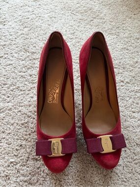Salvatore Ferragamo Red Suede Vara Bow Pumps